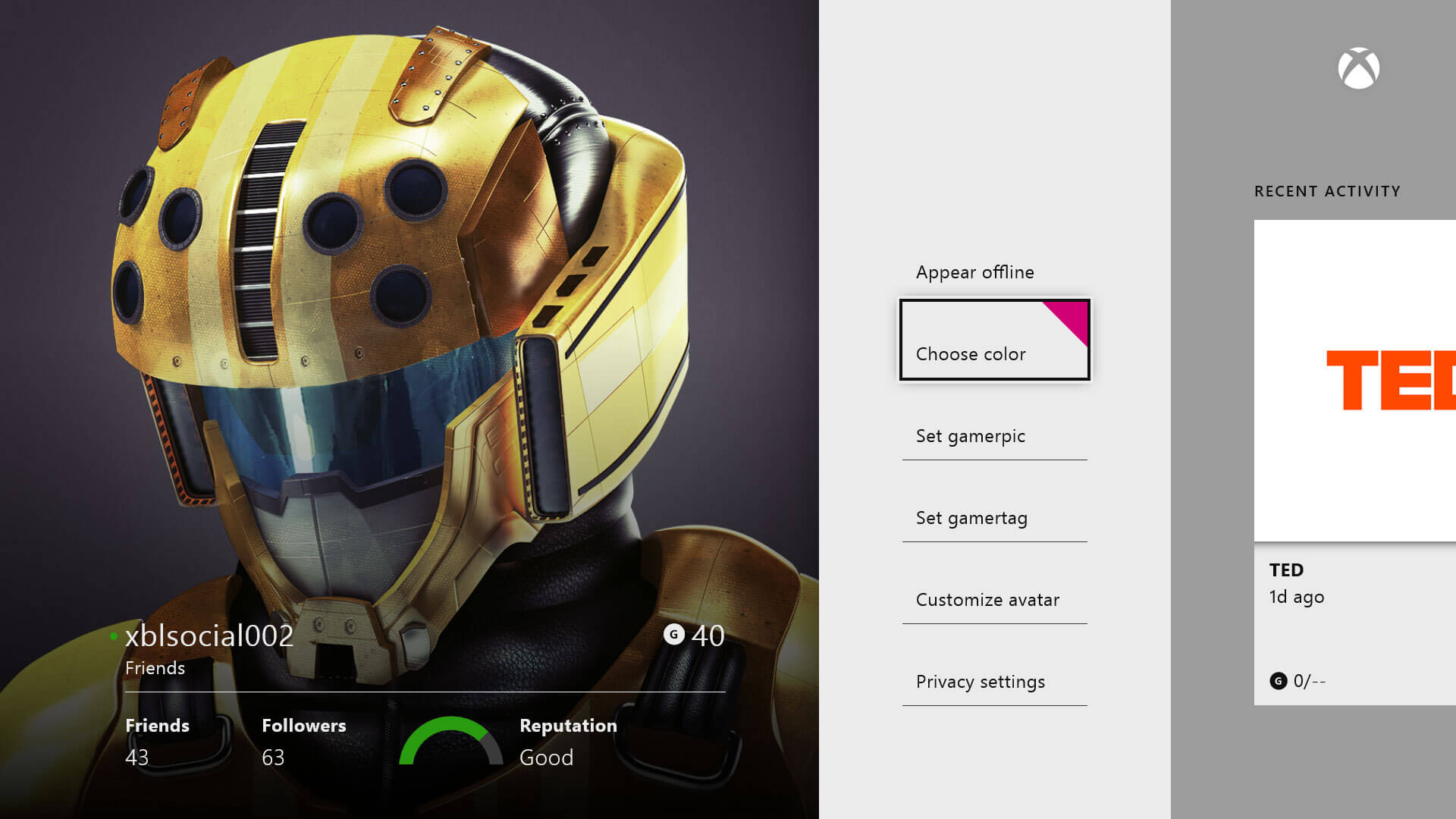 An image of the X-Box One user profile screen. On the left side of the screen is a large profile pic with some profile stats. There is a stylized list on the screen, next to the profile picture, with a large amount of white space between each item. The list reads: appear offline, choose color, set gamerpic, customize avatar, and privacy settings. Each label is underlined.